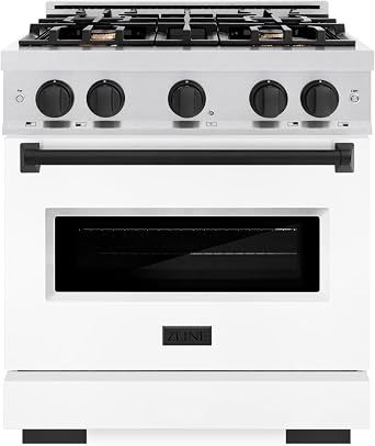 ZLINE Autograph Edition 30 in. 4.2 cu. ft. Classic Gas Range with 4 Burner Cooktop and Convection Gas Oven in Satin Stainless Steel with White Matte Door and Matte Black Accents CGRSZ-WM-30-MB