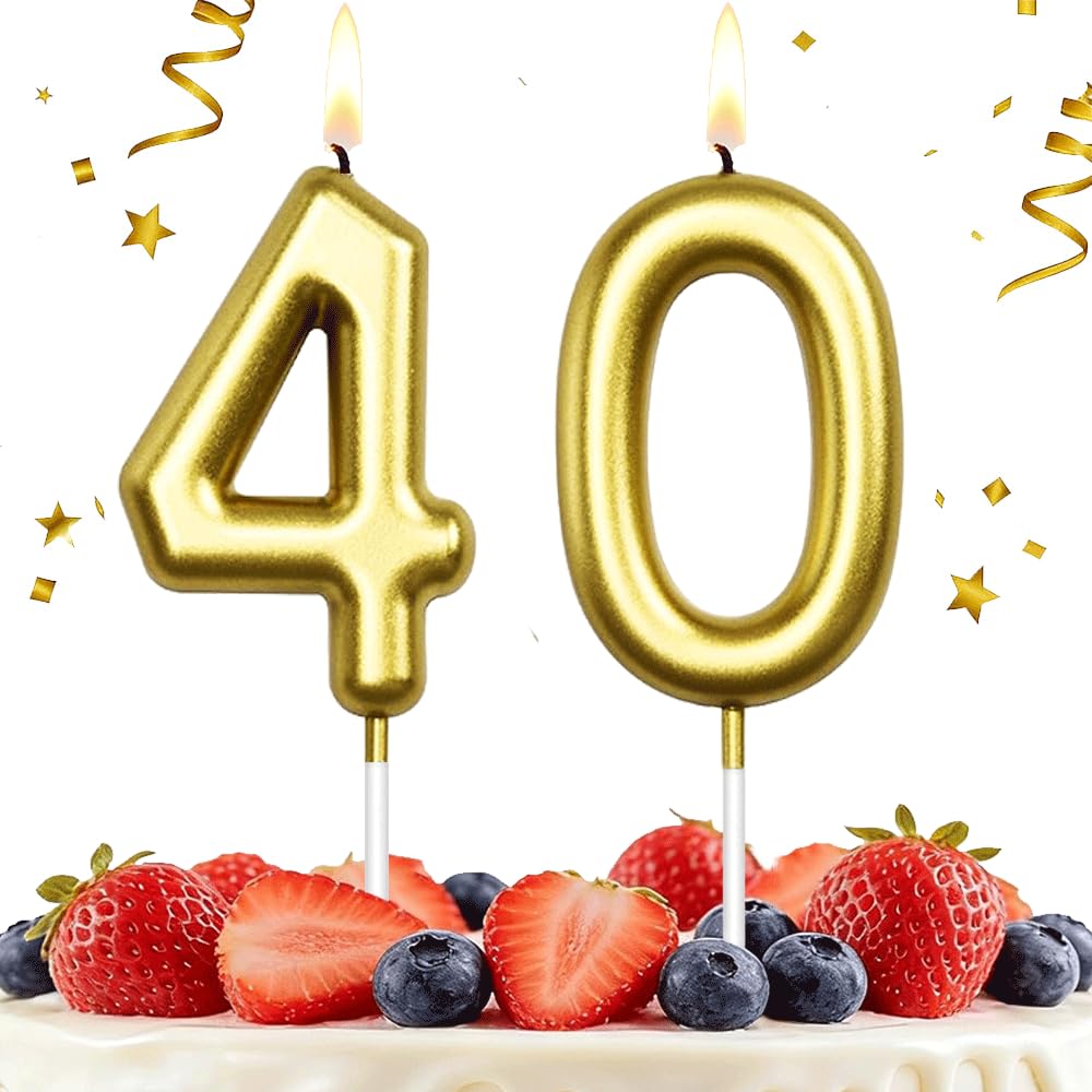 Hlwgfjdy Gold 40Th Birthday Candles Number 40 Cake Topper Happy Birthday Cake Decorations For 40Th Birthday Party, Candles For Birthday Anniversary Celebration Party Supplies（Large Size）