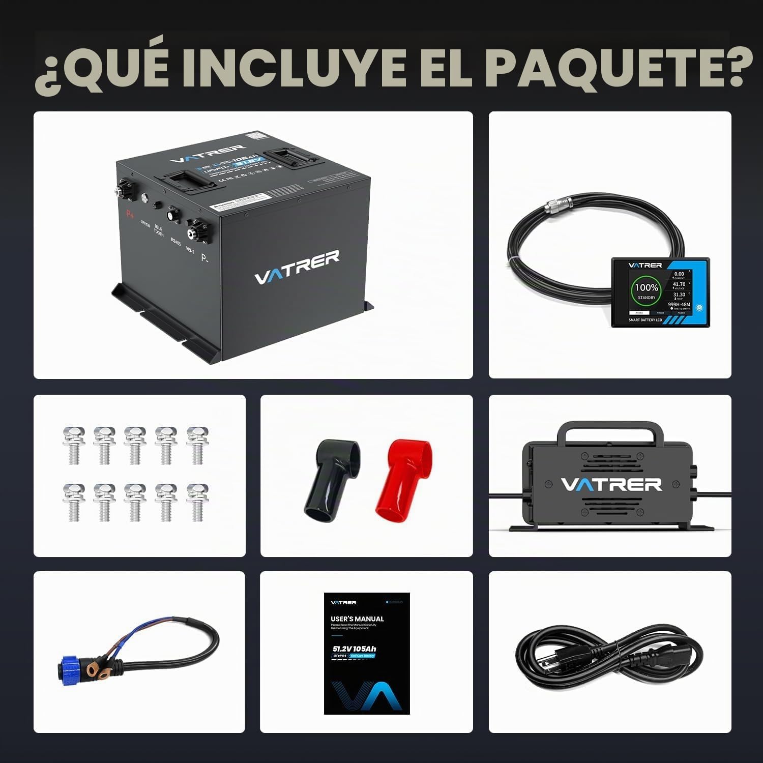 VATRER POWER Batería LiFePO4 51.2V 105Ah para Carrito de Golf | App Bluetooth · BMS inteligente de 200 A · Compatible con Club Car, EZGO, Yamaha, Garia, Melex e Italcar