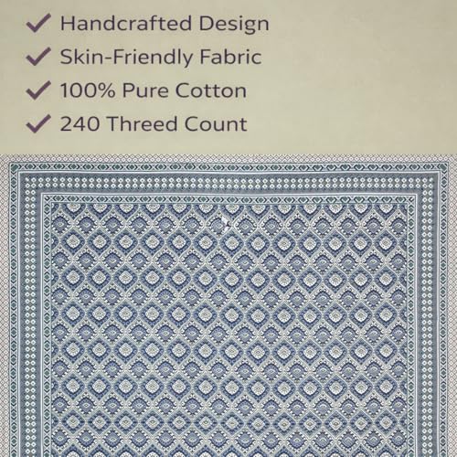 Image of elanorhomes 100% Cotton King Size Bedsheet, 240 TC Soft Breathable Bed Sheet with 2 Pillow Covers, Hand Printed Cotton Bedsheet for Double Bed, Machine Washable, 90x108 inch (Neeli Jaali)