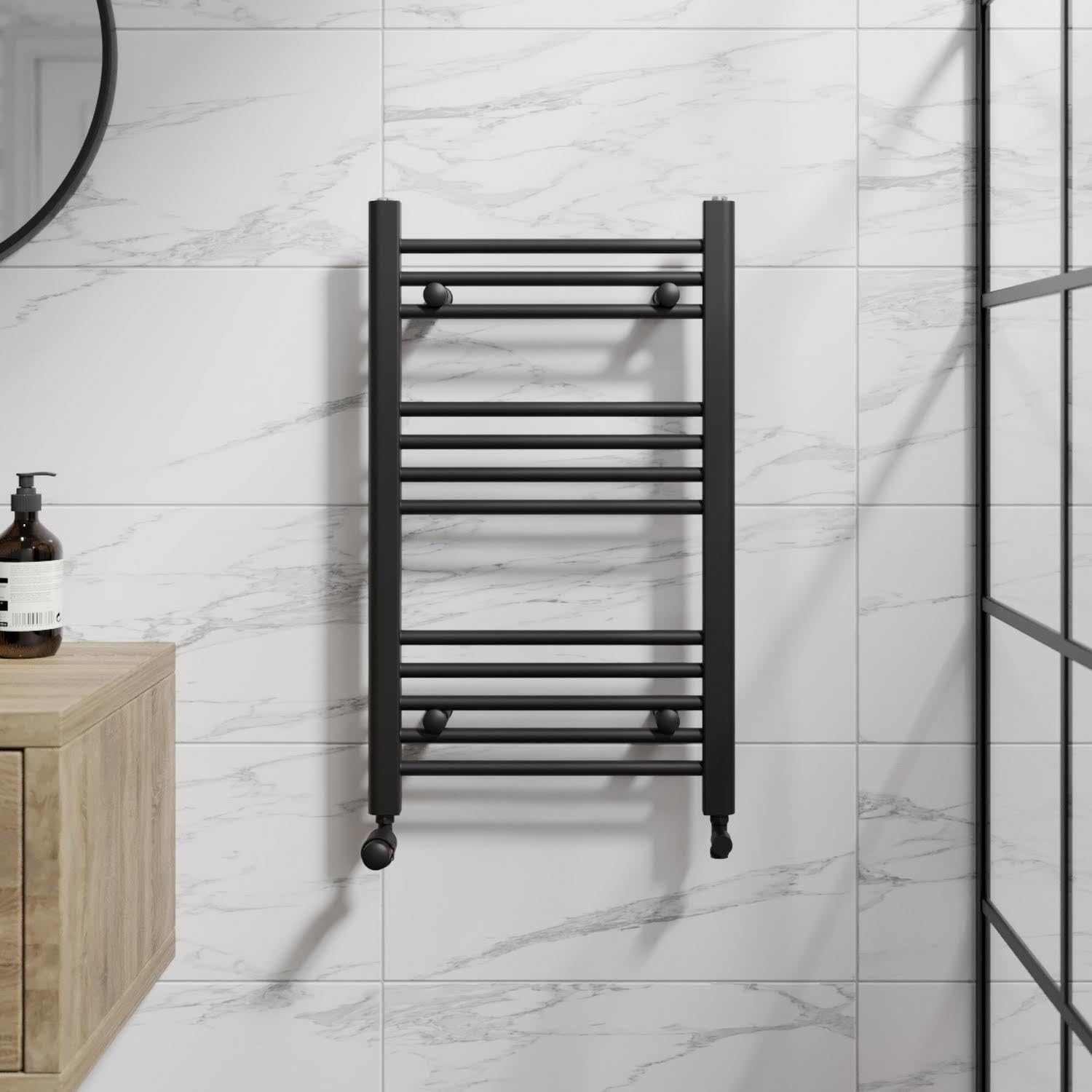 DuraTherm® 750 x 450mm Flat Straight Heated Towel Rail Radiator Modern Central Heating Bathroom Warmer Wall Mounted Ladder Rad, Matt Black