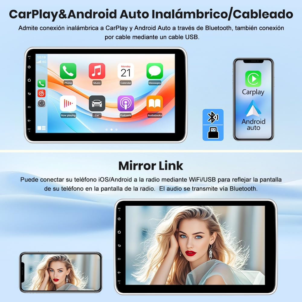 Junsun Radio Coche 1 DIN Android 15 con Pantalla Táctil IPS de 10,1", CarPlay y Android Auto Inalámbrico, Autoradio Giratoria y Desmontable con WiFi, Bluetooth, Mirror Link y FM