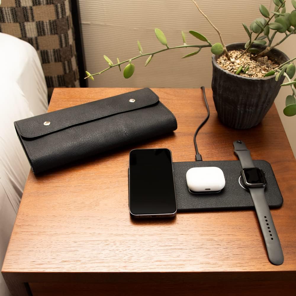Brouk and Co ACE 3-in-1 Portable Wireless Fast Charging Pad, Yellow - Compatible with iPhone, Apple, Samsung, and Android - Multi-Device, 15W, Vegan Leather, Watches, Phones, Headphones