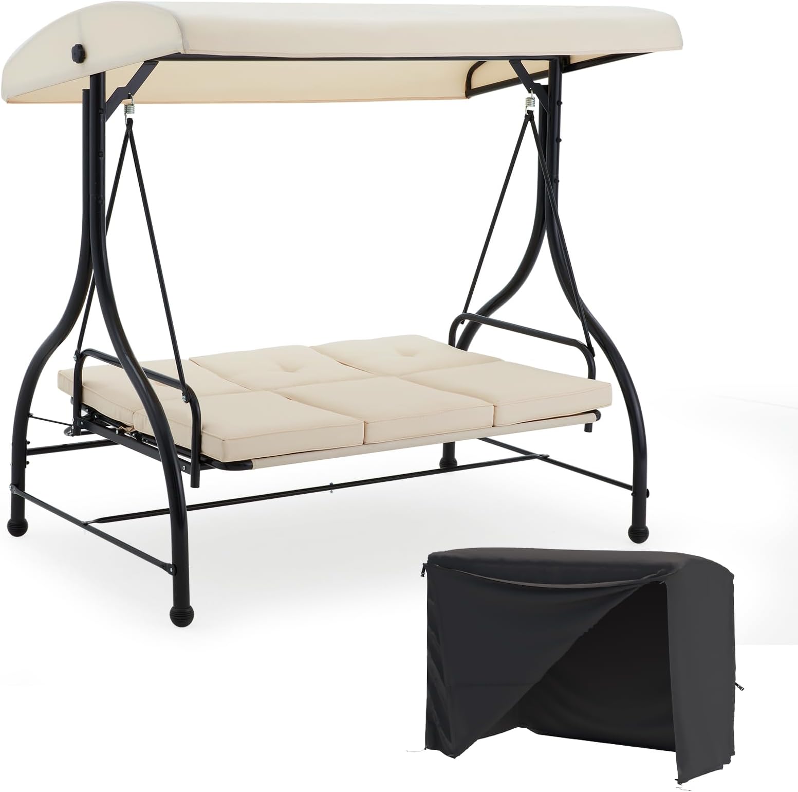 U-MAX Porch Swing with Cover, Patio Swing with Adjustable Backrest&Canopy 3 Seat Outdoor Swing with Canopy 2-in-1 Convertible Patio Daybed with Removable Beige Cushions