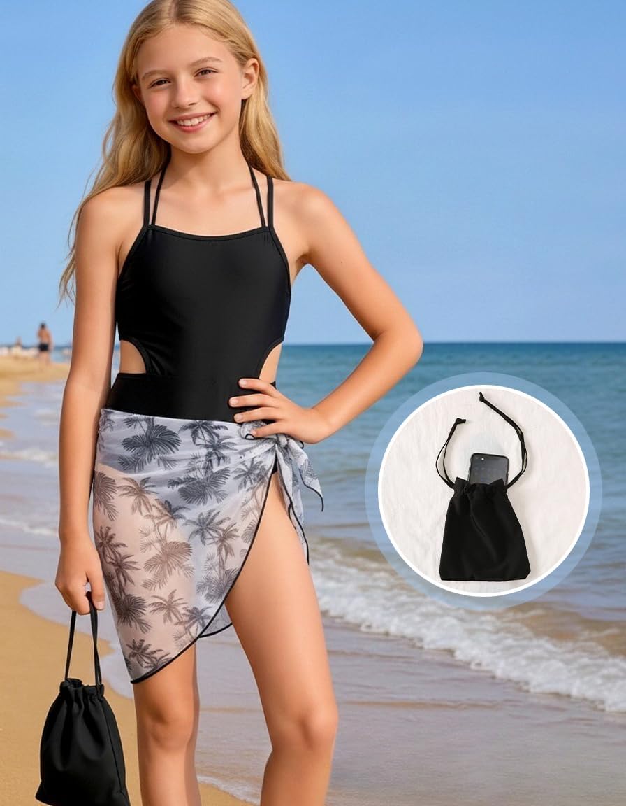 Teen Girls Swimsuits One-Piece Girl Summer Bathing Suit Cut Out Adjustable Straps with Mesh Cover Up Size 7-16Y