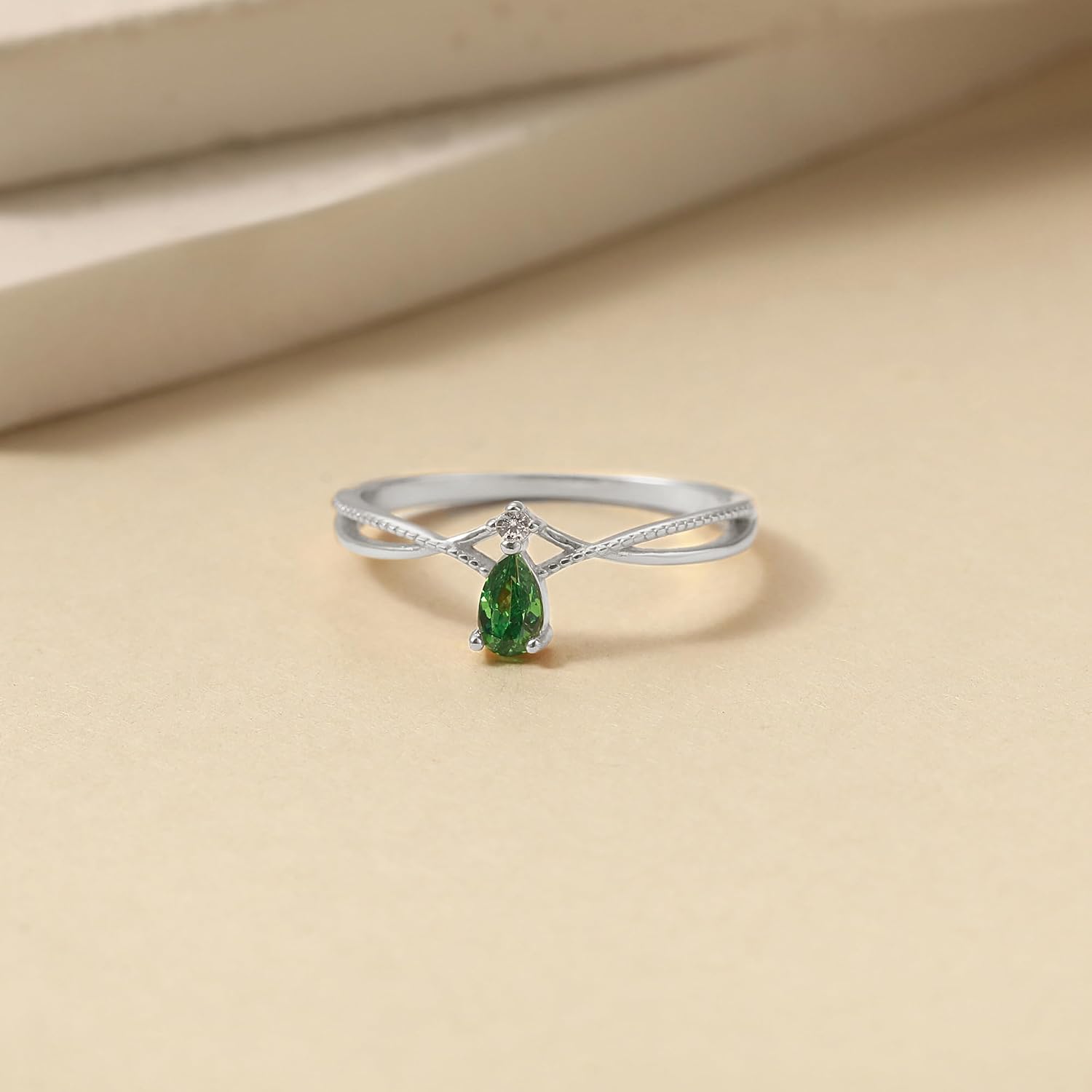 925 Sterling Silver Birthstone Ring for Women Non Tarnish Stackable Ring 14K Gold Plated Pear Teardrop Green Cubic Zirconia Crown V Engagement Promise Rings Wedding Graduation Jewelry Gifts