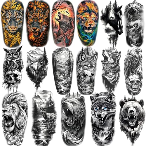 Lot de 77 feuilles de tatouages temporaires pour adultes et enfants - Faux tatouages imperméables - 17 grands et 60 petits autocollants noirs - animaux de la...