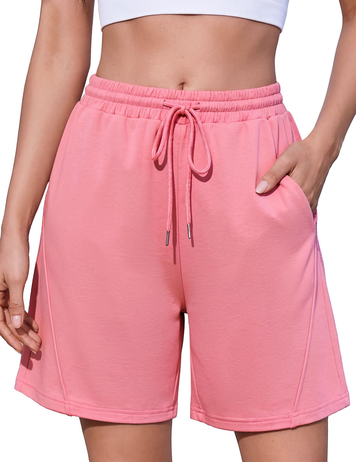 Litherday Pantalones Cortos Mujer Algodón Cintura Alta Ajustable con Bolsillos Deportivos Fitness Yoga Running S-XXL