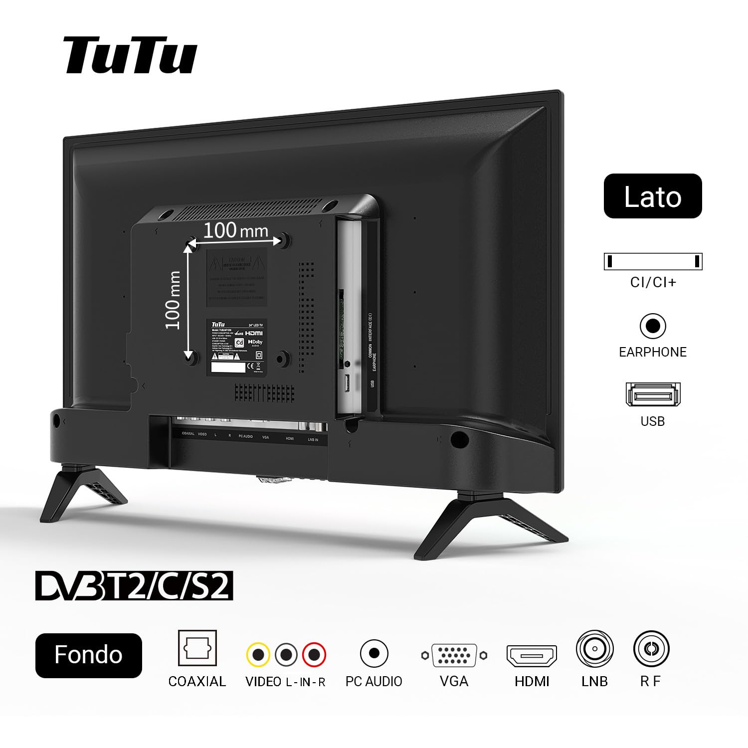 TuTu TV 24 Pollici (60 cm) LED HD Televisori Triplo Tuner (DVB-T/T2-C-S/S2) USB HDMI CI/CI+ Modalità hotel (2024)