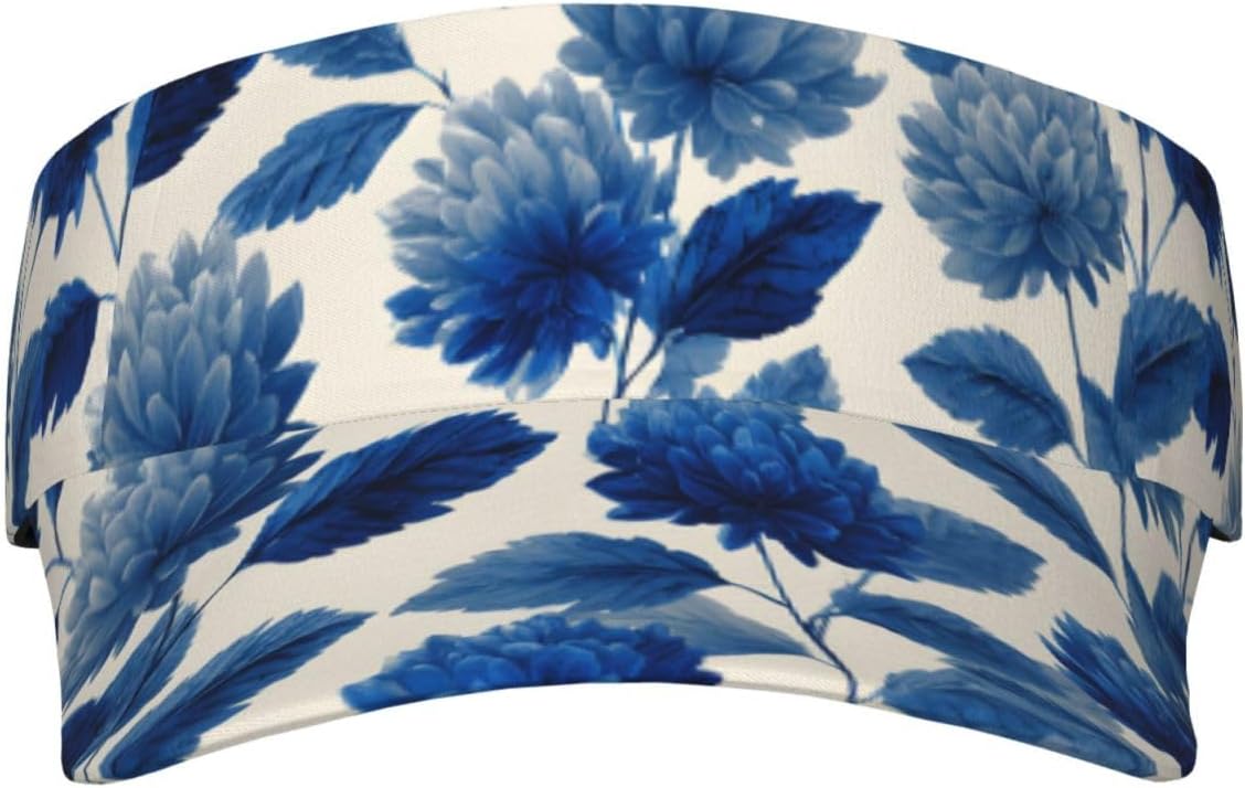 (Blue Flowers and Leaves) Adult Sun Visor Hat Adjustable Open Top Sports Cap Breathable for Men Women Beach Vacation Essentials