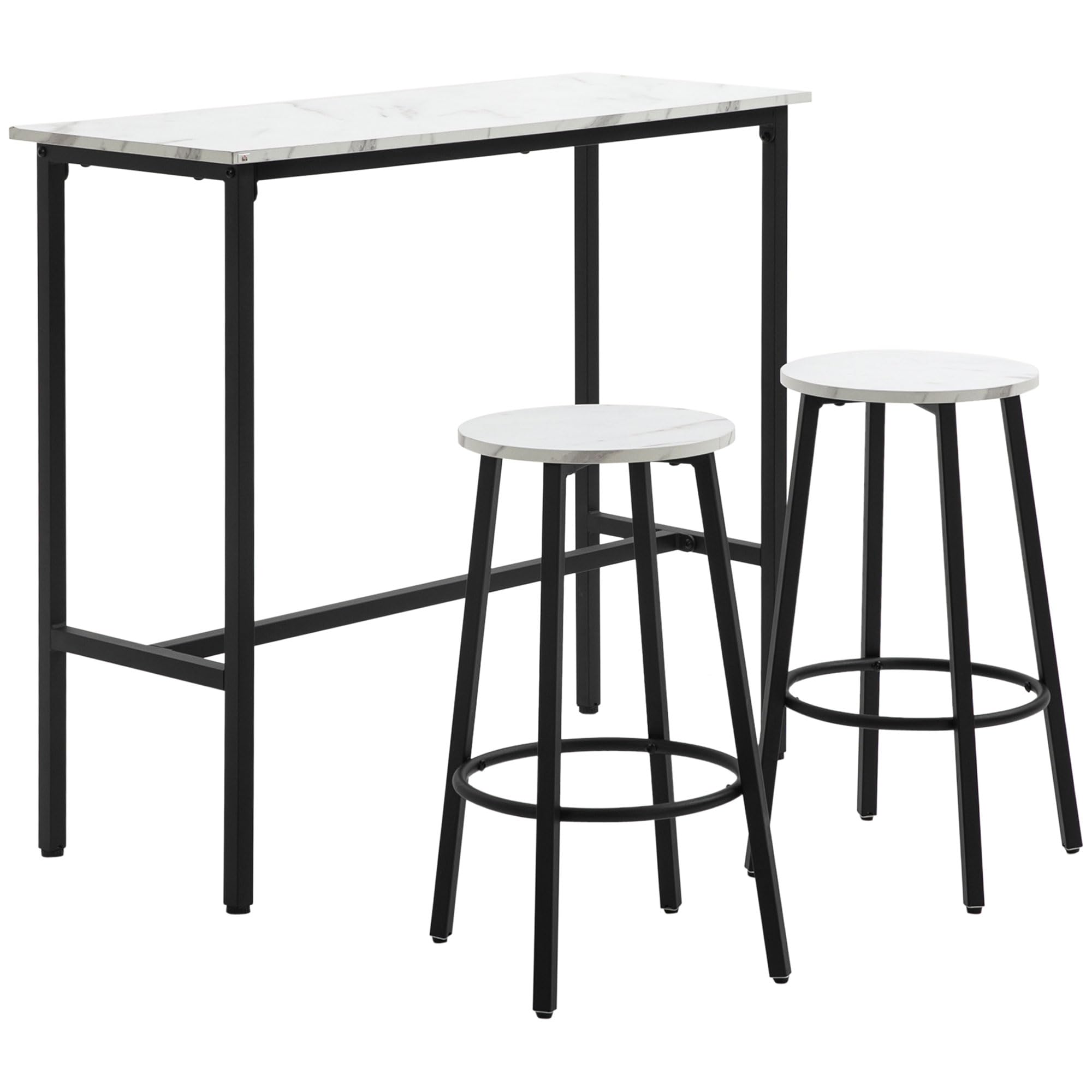 HOMCOM Set Tavolo e Sedie 3 Pezzi in Truciolato, MDF e Acciaio con Tavolo Rettangolare e 2 Sgabelli da Bar per Soggiorno e Sala da Pranzo, Bianco e Nero