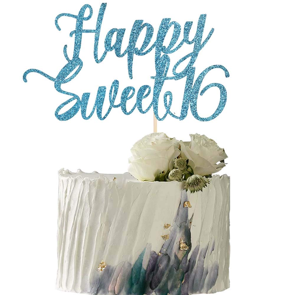 YUINYO Happy Sweet 16 Cake Topper -Cheers to 16 Year - Happy 16th Birthday Cake Topper- Sweet Sixteen /16th Wedding Anniversary Party Decoration (Blue)