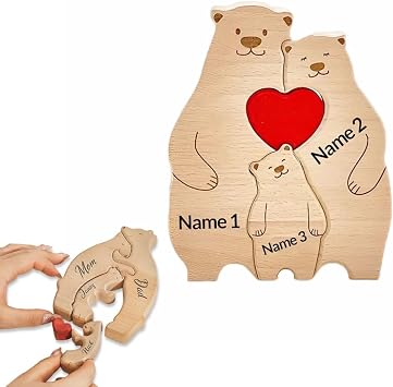 Custom Wooden Bear Puzzle with Family Names Personalized Family Member Puzzles Customized Presents for Mom Dad Grandparents for Housewarming Home Decor 3 Smiling Bears