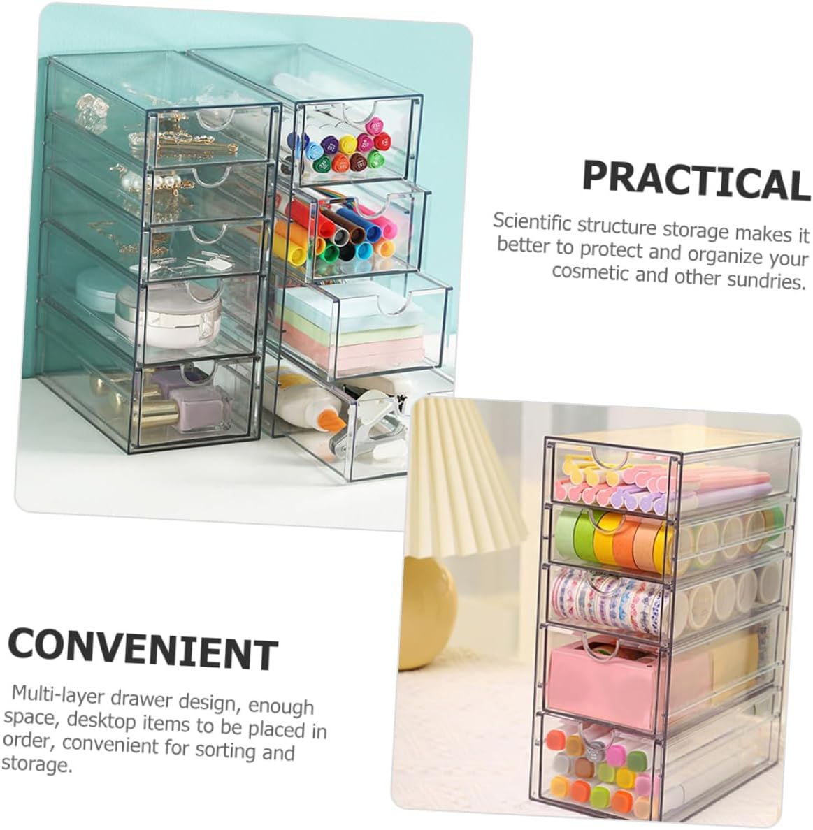 Transparent Desktop Makeup Holder Drawer Organizer Plastic Storage Box for Office School Home Stationery and Cosmetic Storage Sturdy Pet Material with Smooth Surface