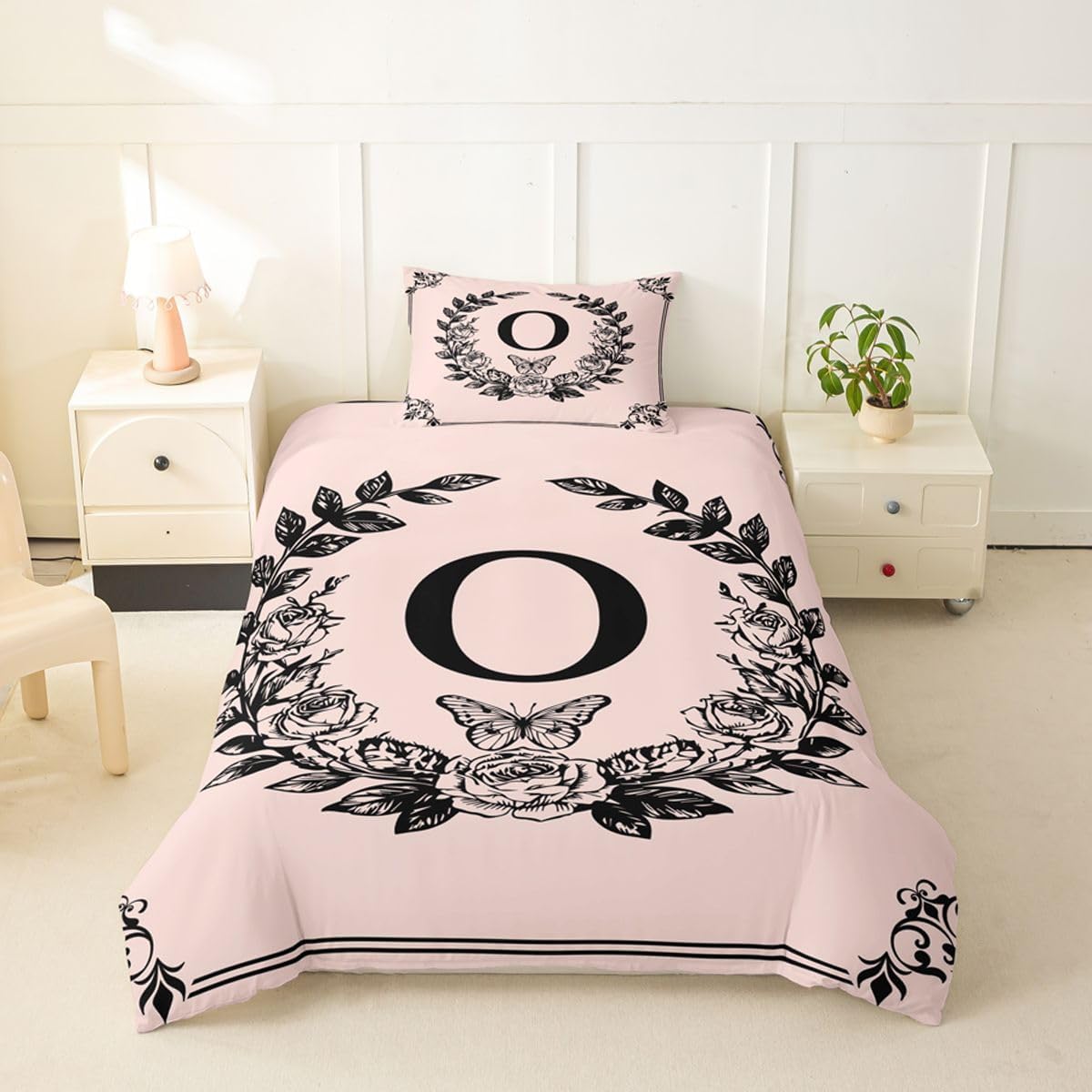 Monogram Letter O Comforter Cover Toddler Size Black And Pink Duvet Cover For Girls Boho Butterfly Floral Bedding Set Vintage Rustic Damask Bed Set Personalized Gifts For Adult Teen Girls Friends