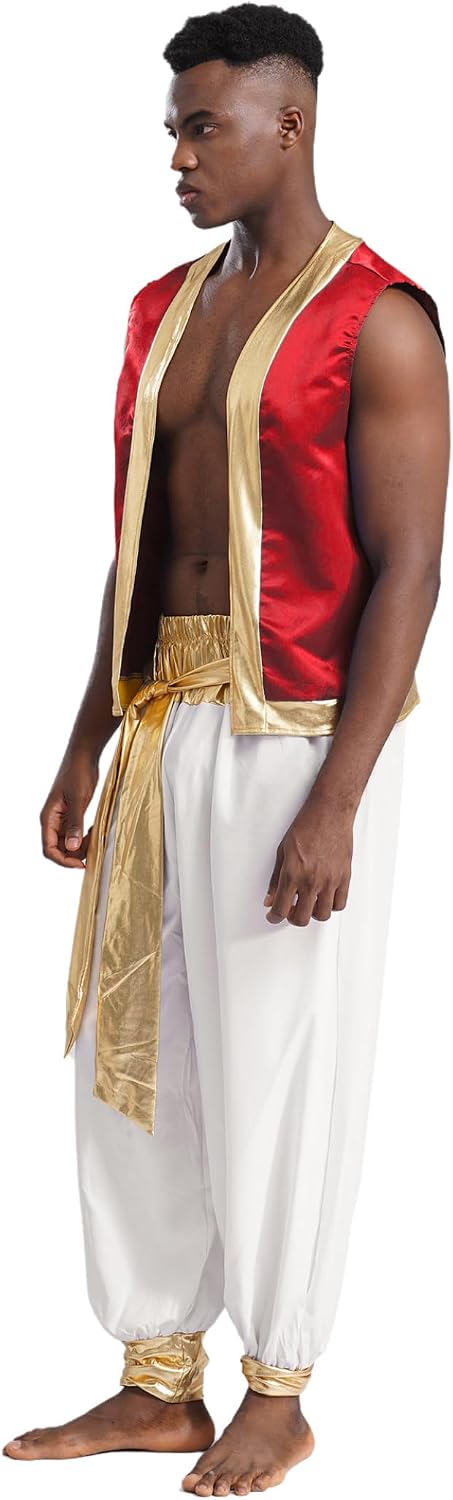Jhaoyu Men's 2 Pieces Arab Prince Costume Metallic Shiny Trim Open Front Vest with Harem Pants