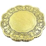 LoBake 12 inches golden round paper lace doilies cupcake bread placemats home dinner tableware 100 pieces per pack