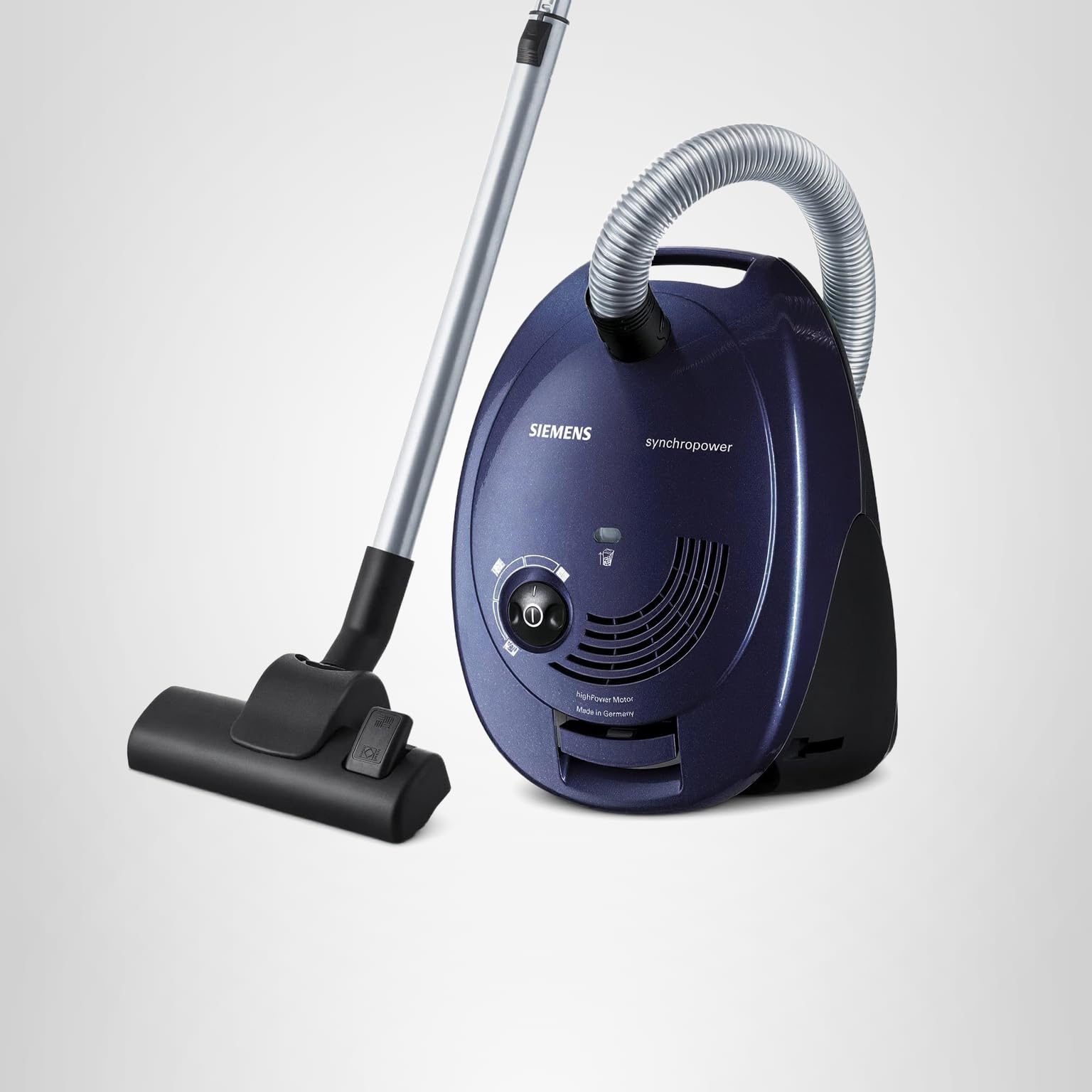 Siemens Staubsauger mit Beutel synchropower VS06A111, Bodenstaubsauger, Hygiene-Filter, Bodendüse für Hartboden und Teppich, starke Saugleistung, langes Kabel, Fugendüse, 600 W, blau