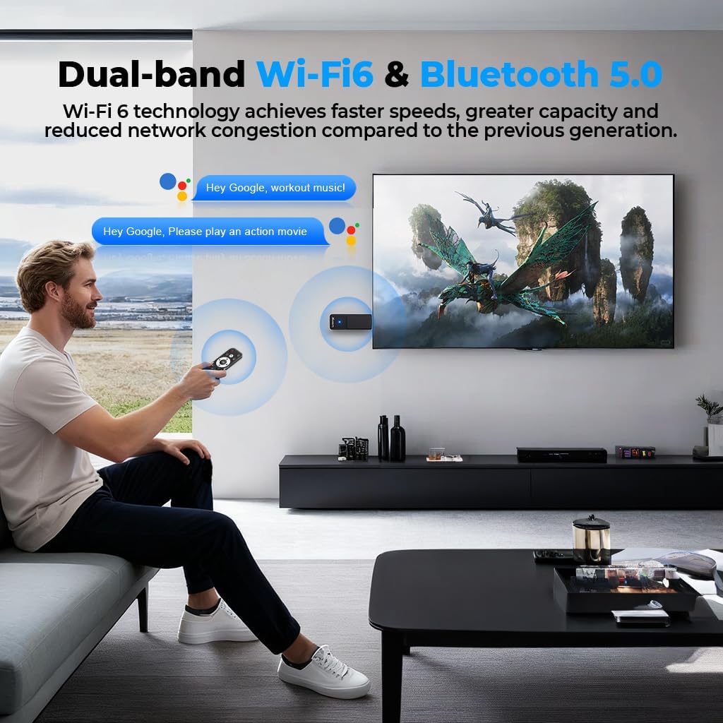 Image illustrating the GREVA Android TV Stick's Dual-band Wi-Fi 6 and Bluetooth 5.0 capabilities, showing a person using the remote with a TV.