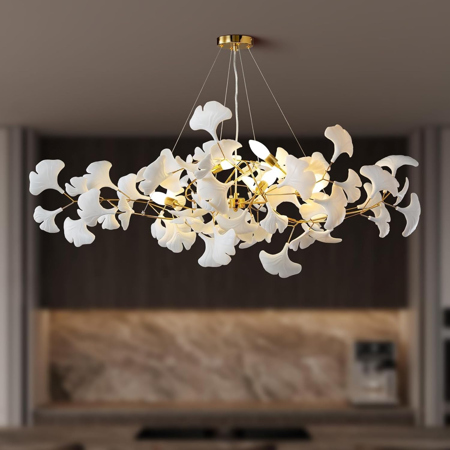 KXEcoLife Modern Chandeliers for Dining Room - L120cm Rectangle Large Chandelier, Tree Branch Art Deco Mid Century Chandelier with Ginkgo Leaves, Living Room,Bedroom