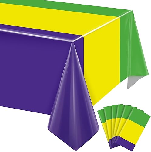 Capoda Paquete de 6 manteles de plástico de tres colores, desechables, color verde, amarillo, morado, impermeable, para Mardi Gras, fiesta de