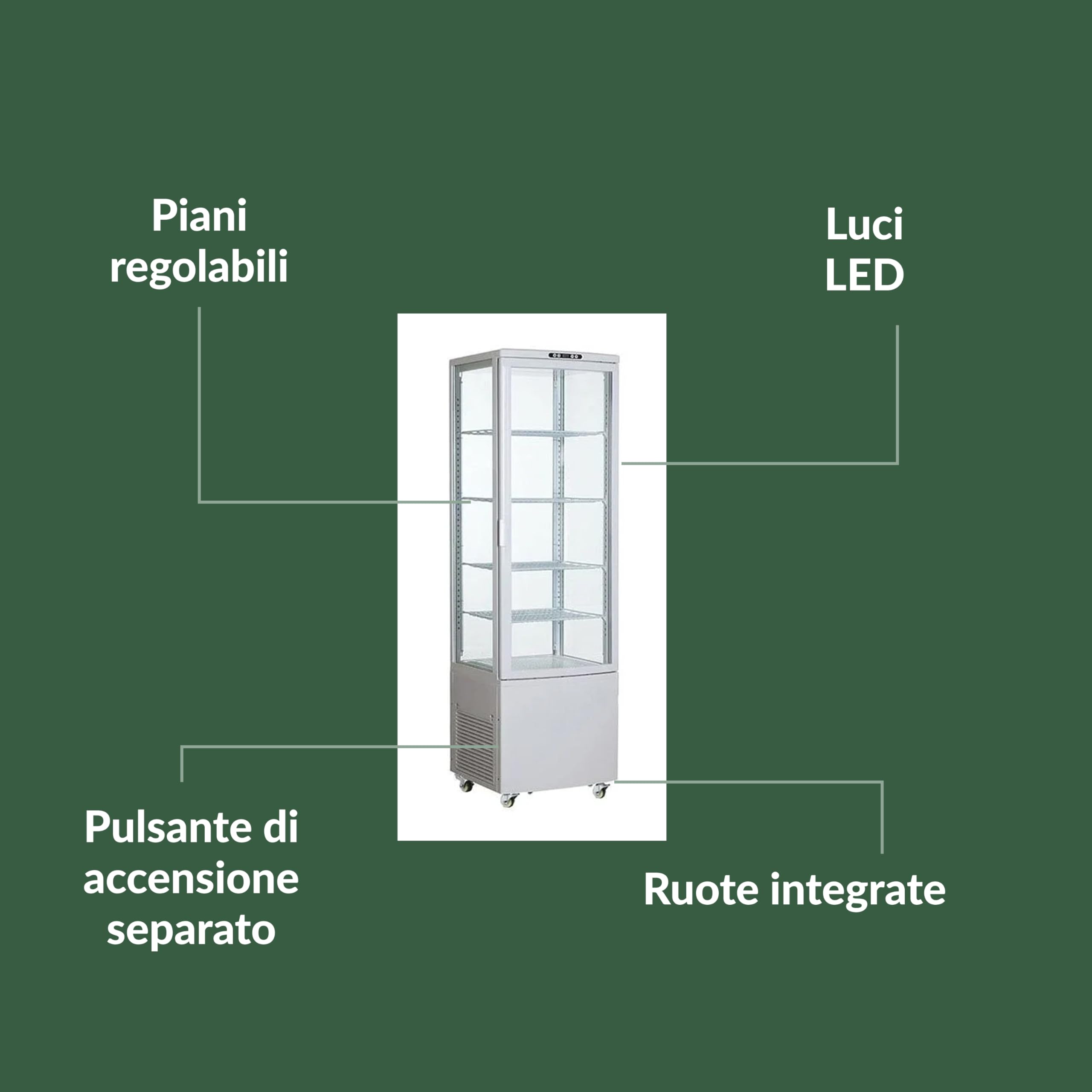Ristoattrezzature Vetrina Espositiva 4 Lati Vetro 238 lt - Bianca - Bibite e Pasticceria - 0/+12°C - 51,5x48,5x171,5h cm