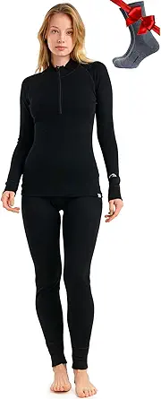 Merino Wool Base Layer Women - 320 Heavyweight 100% Merino Wool Set + Wool Socks