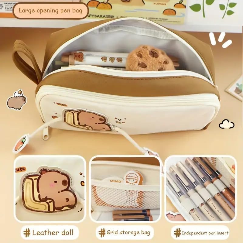 Image of Invite Capybara White Pouch Large Capacity Cartoon Pencil Case Double Layer Cute Aesthetic Pencil Case for Girls Multifunctional Stationery Organizer for School Office (Capybara Brown Pouch)
