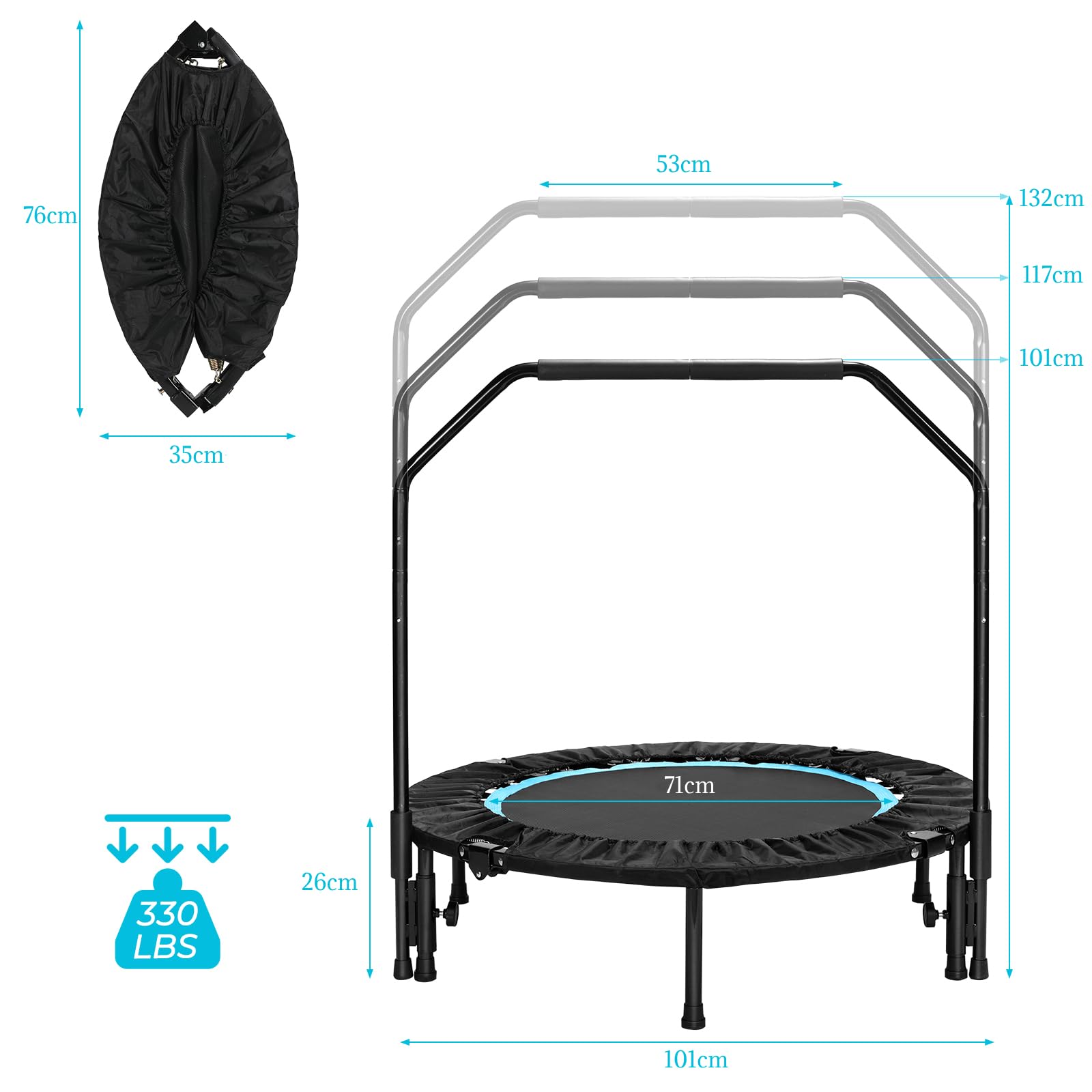 LIFERUN Trampolino fitness per interni, diametro 101 cm, capacità di carico 150 kg, rimbalzo per allenamento, con 3 livelli di maniglia regolabili, mini trampolino per adulti