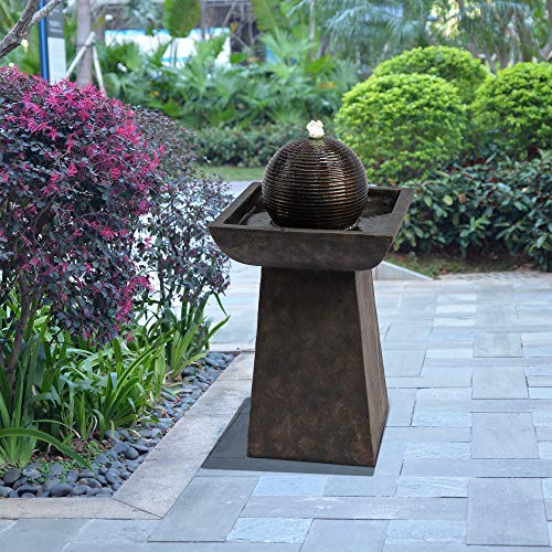 Peaktop VFD8410 Outdoor Garden Patio Backyard Decking Pedestal with Orb Stone Floor Waterfall Water Fountain with LED Light and Pump, Charcoal - Thumbnail 2