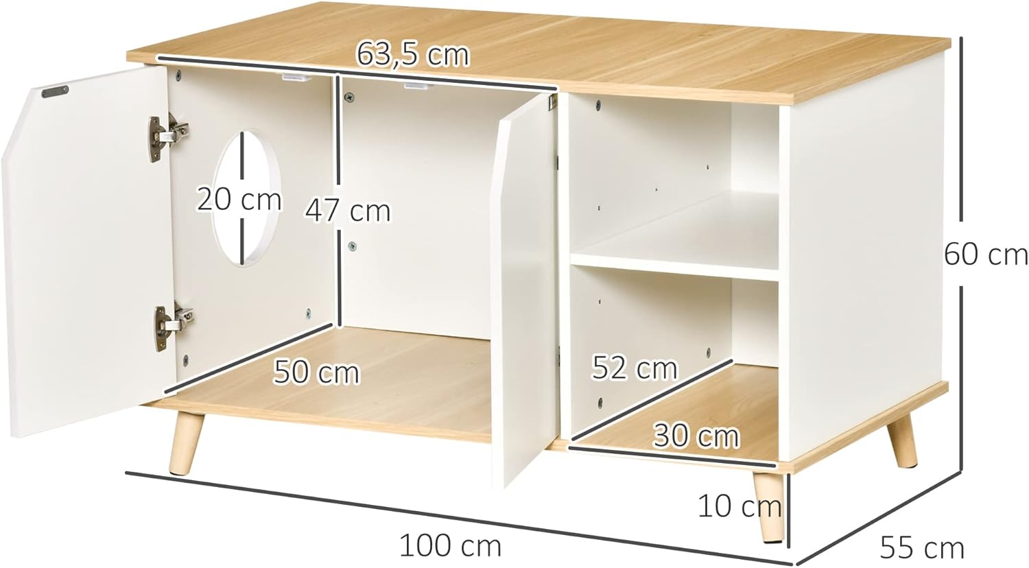 PawHut Cat Cabinet for Cat Litter Tray 2 in 1 Design Cat Litter Tray Side Table Cat House for Cat Bed with Door Opening Pine Wood Oak + White 100 x 55 x 60 cm