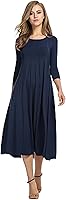 HOTOUCH Women's Flowy 3/4 Sleeve A-Line Midi Dress - Pleated Swing Hem Casual Summer Vacation Dress