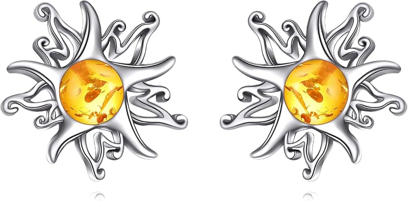 925 Sterling Silver Sun Earrings Obsidian/Amber Stud Earrings Black Sun Jewelry Birthday Present for Women Wife Friends