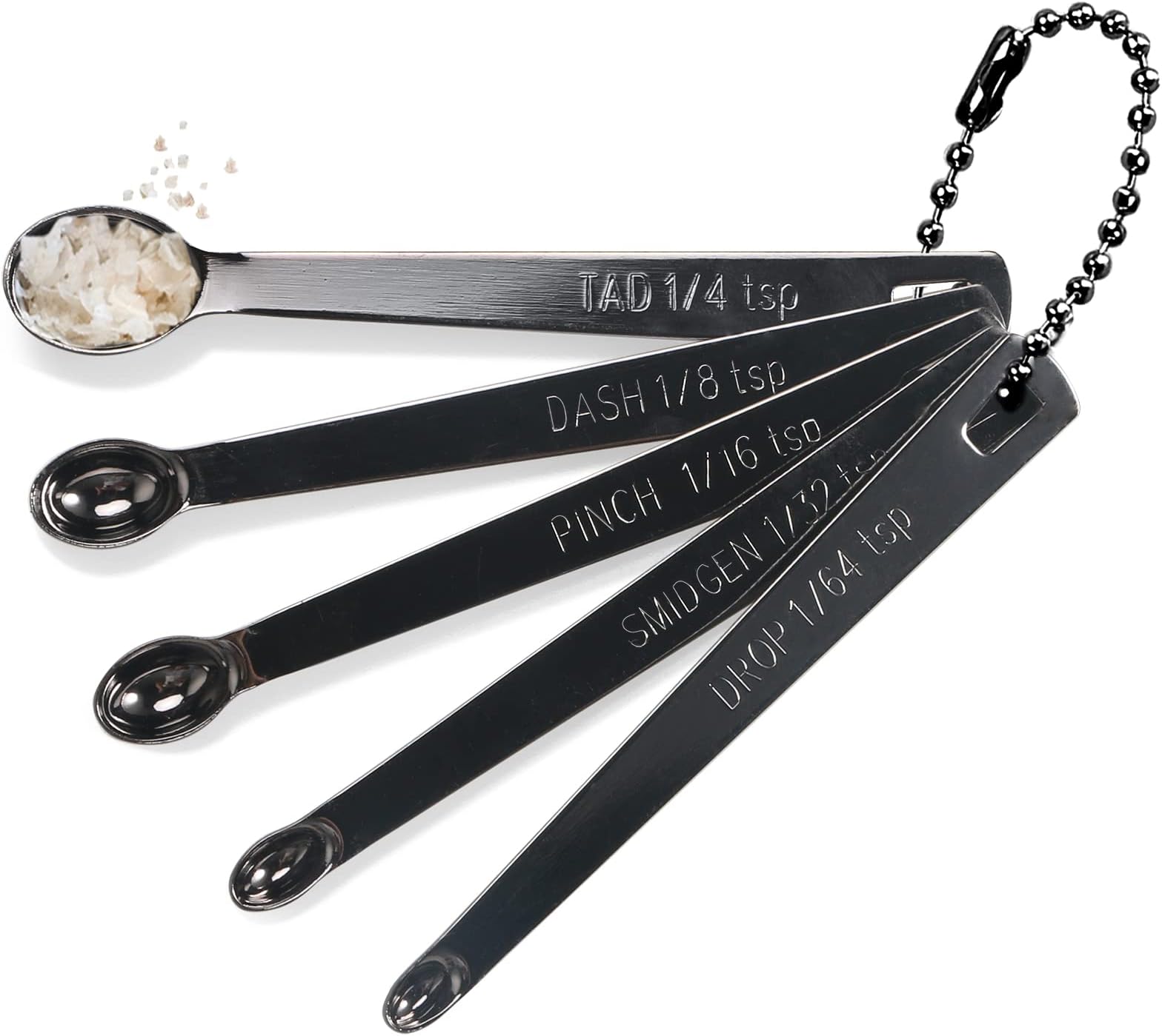 Mini Stainless Steel Measuring Spoons 5-Piece Set - Precision Spice Scoops for Baking & Cooking (Tad/Dash/Pinch/Smidgen/Drop) Compact Design Fits in Jars, Dry/Liquid Ingredients - Black