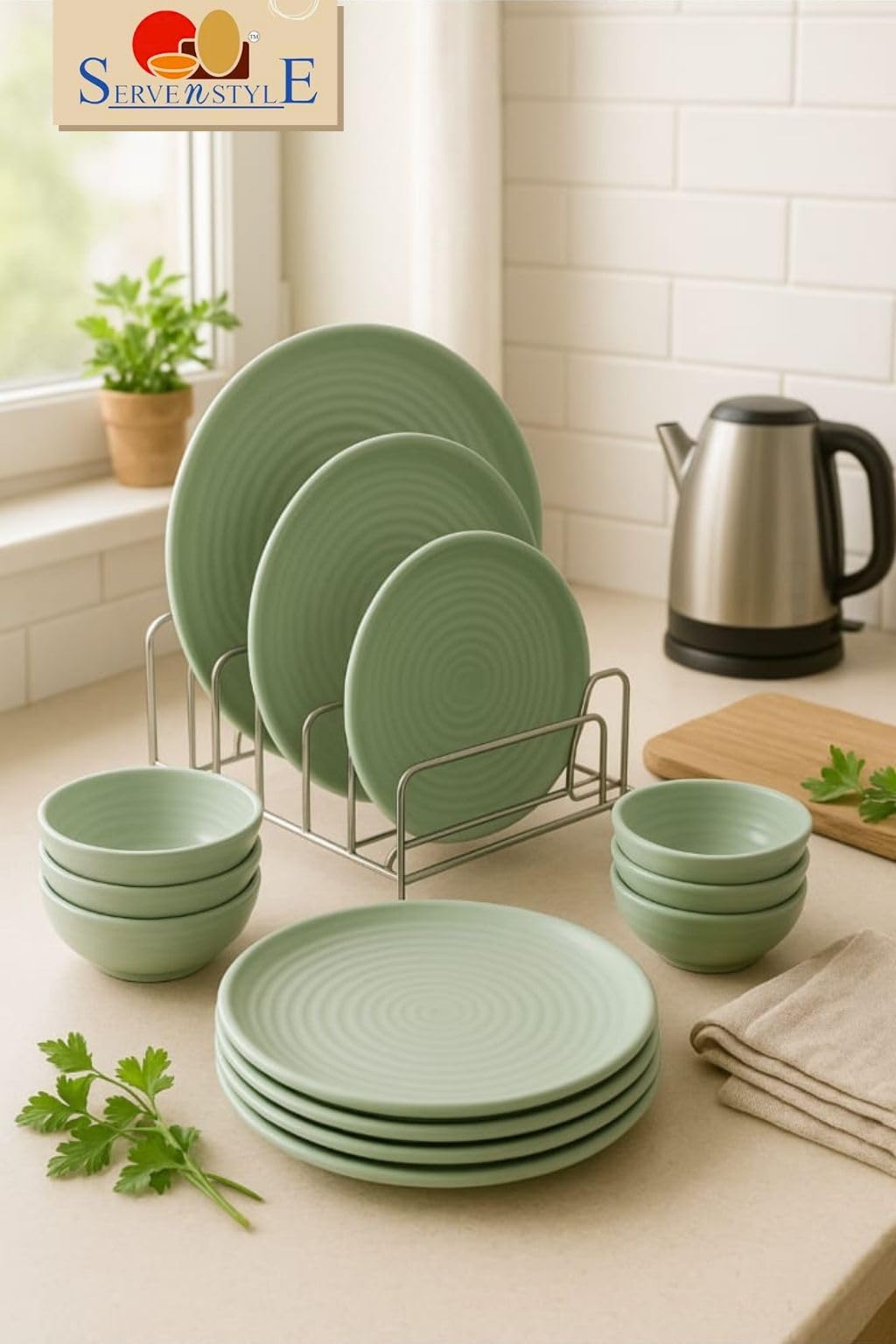 Green Dinnerware Set - 24 Piece Melamine Plates & Bowls -4