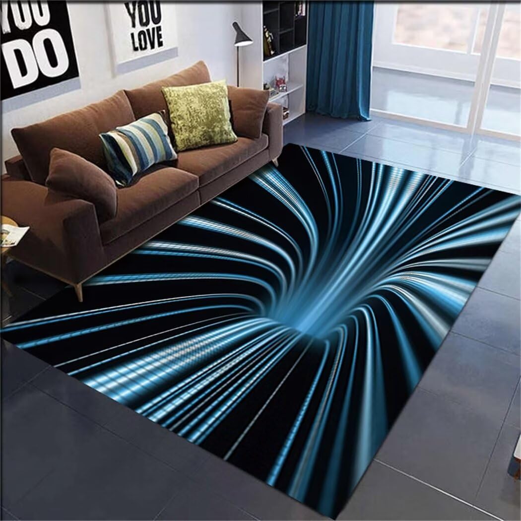 Tapis chambre d'enfant bleu lavable 100x160cm à motif rayé effet illusion d'optique