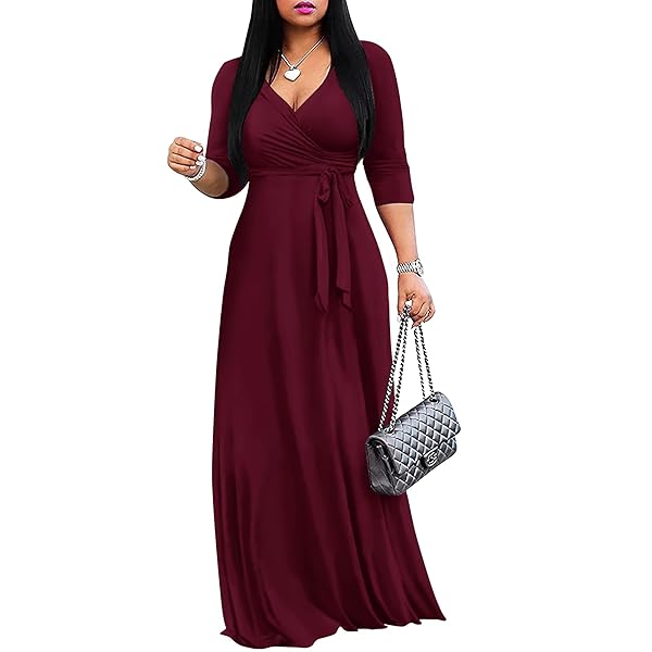 FANDEE Women's 2025 Maxi Dress - Solid Color Bohemian Summer Long Maxi Dress V-Neck 3/4 Sleeve
