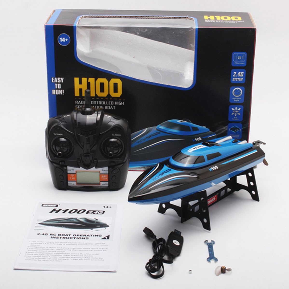 Barca Telecomandata Rc 2.4ghz in Plastica Blu con Batteria Ricaricabile 600mah, Funzione Movimento in Avanzamento e Retromarcia, Resistente alle Interferenze per Laghi e Piscine