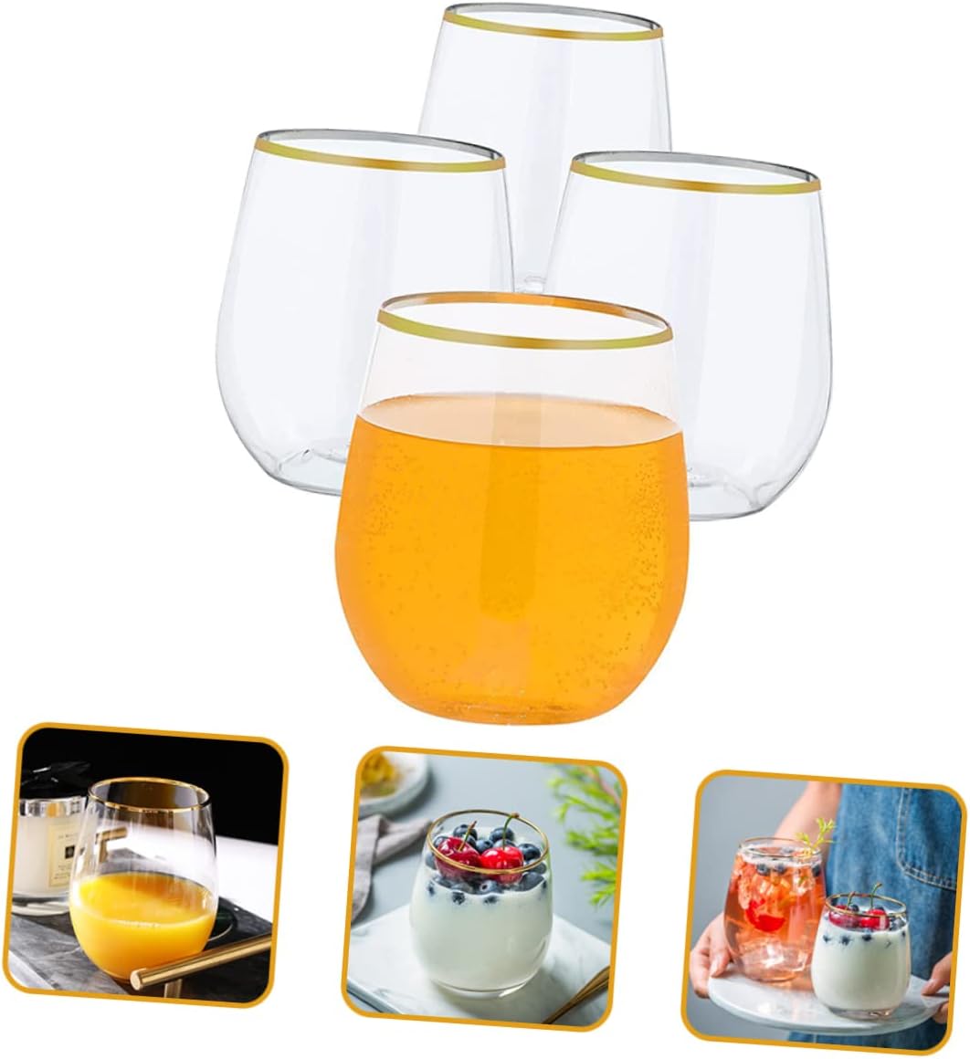 Ipetboom 4pcs Disposable Wine Glasses Elegant Rimmed Design for Wine Whiskey Cocktails Juices for Parties Weddings and Home Use