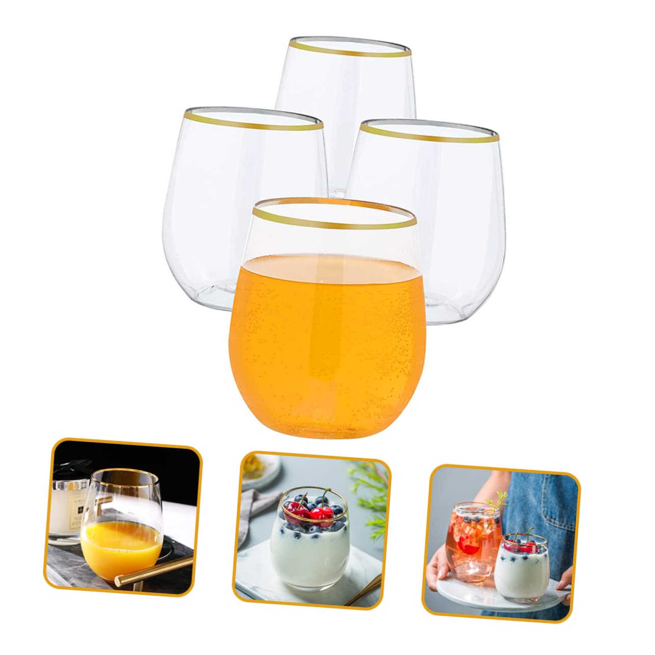 Ipetboom 4pcs Decorative Gold Rim Red Wine Glasses Disposable Drinking Cups for Parties Wedding and Bars
