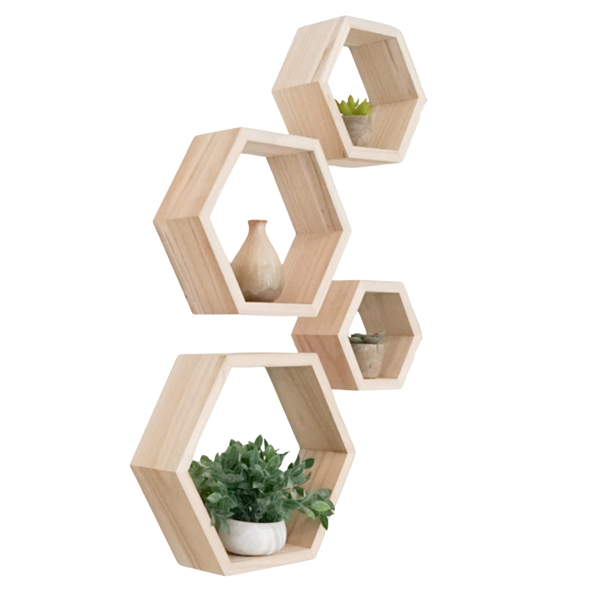 Estantes hexagonales – Estantes flotantes de madera natural – Juego de 4 – Estante de pared para dormitorio, oficina, sala de estar y baño – Decoración de pared de granja – Estantes decorativos de