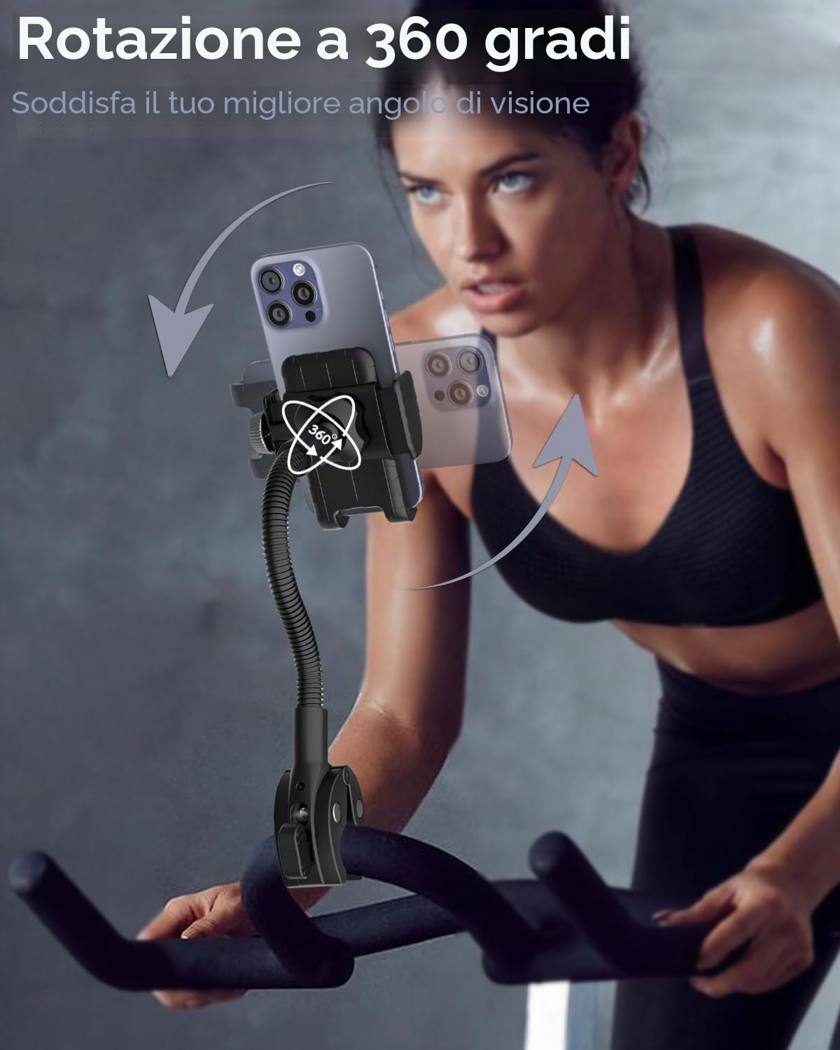 Spin Bike Supporto per Telefono a Collo Di Cigno per Bicicletta, Supporto Flessibile per Telefono Da Moto per Scooter, Passeggino, Compatibile iPhone 15 14 Pro Max, Galaxy, 4-7" Cellulare