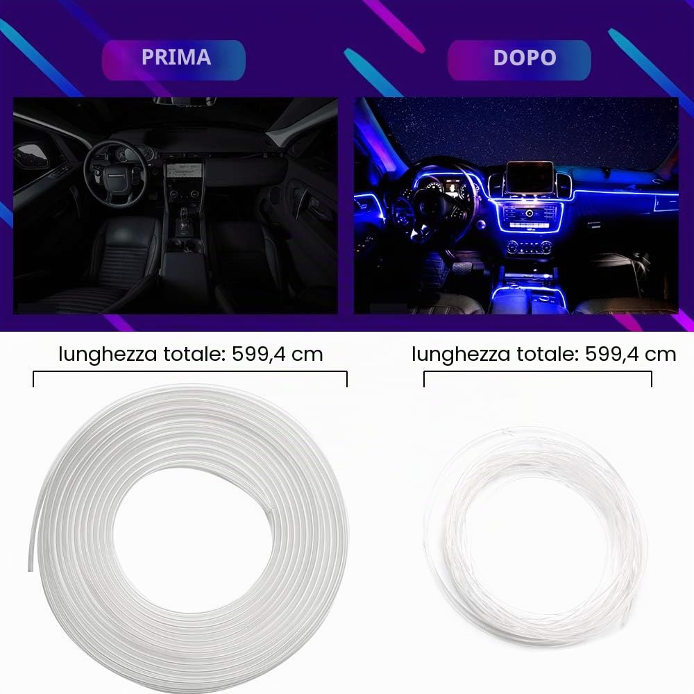 Striscia LED per interni, 16 milioni di colori, 5 in 1 con fibra ottica da 236 pollici, multicolore RGB Sound Active Automobile Atmosfera Ambient Lighting Kit – Wireless Bluetooth App Control