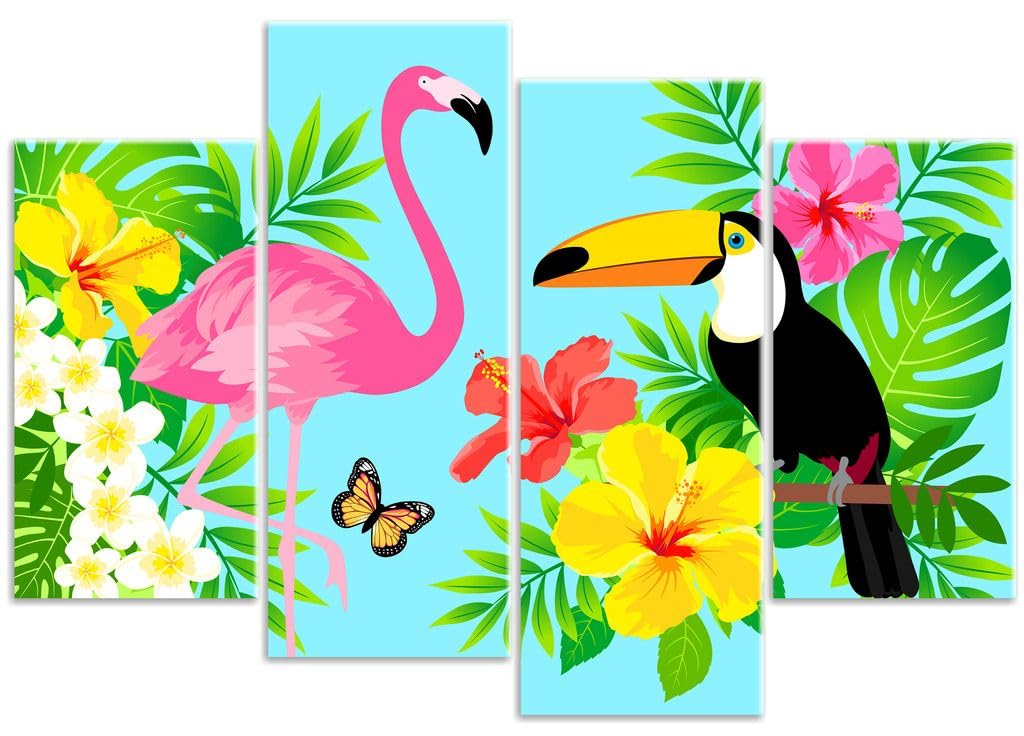 Rubybloom Designs Red Tropical Paradise - Flamingo Toucan & Hibiscus 4 Panel Canvas Art Print Picture