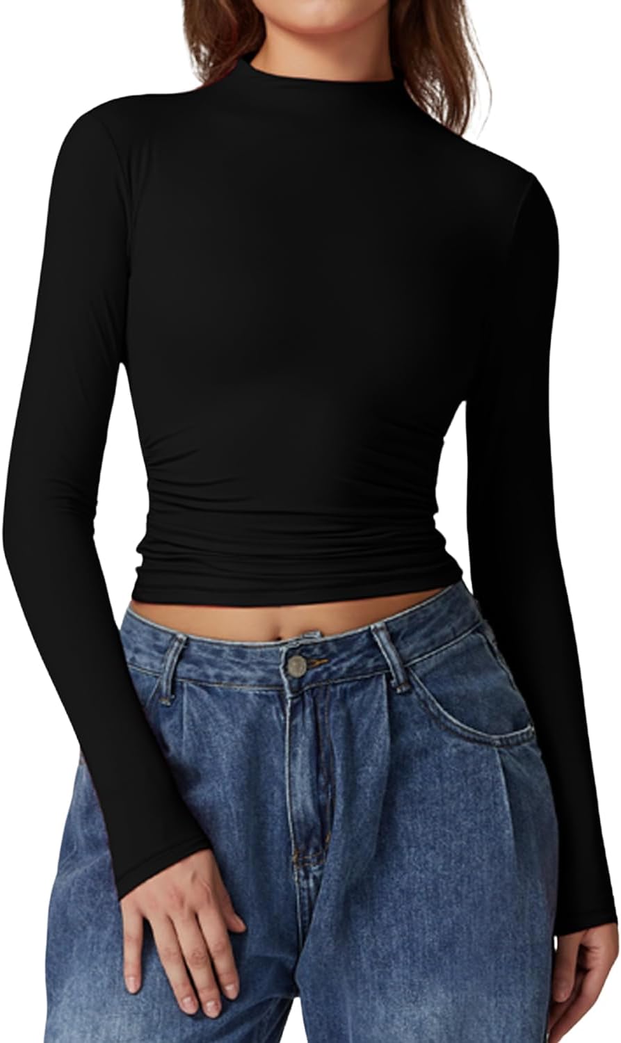 QINSENWomens Mock Neck Long Sleeve Shirt Double Lined Basic Tees Side Ruched Going Out Crop Tops