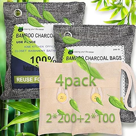 Natural Fresh Air Purifier Bags, Wardrobe Odor Eliminator Car Air Freshener, 4 Packs Active Bamboo Charcoal Purifying Bag for home, closet, shoe cabinet Car and pet to remove Moisture Cover
