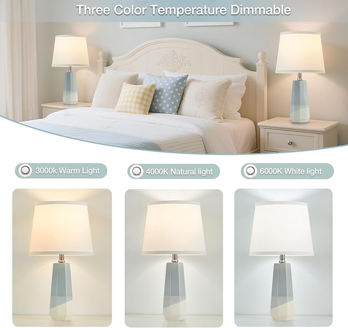 GyroVu GyroVu 3 Color Temperature Adjustable Table Lamp, Ceramic Lamp Set of 2, Bedside Lamps with Rotary Swtich, Nightstand Lamp for Living Room Bedroom Office, Bulbs Included-Grayish Blue photo 6