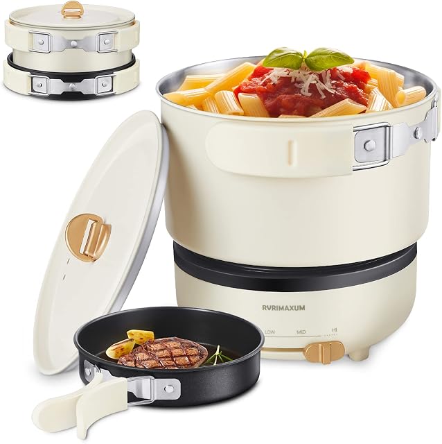 Rvrimaxum 1.2L Portable Hot Pot Electric with Foldable Handles, Non-stick Sauté Pan, Mini Ramen Noodle Cooker for Pasta, Oatmeal, Soup,Steak with Power Adjustment, Warm White