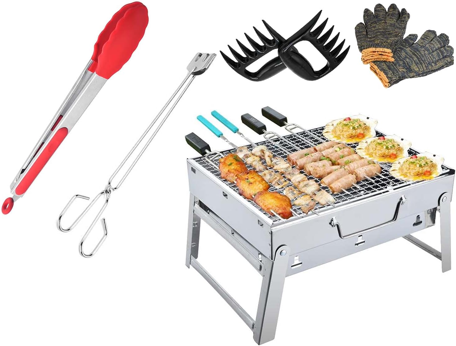 Iprou Protable charcoal grill Camping BBQ Outdoor Folding Stove garden gerrace Cooking Picnics tabletop Beach Hiking Party with long sissor tongs, sliver, 14 x 10.6 x7.8 inch, IP791800