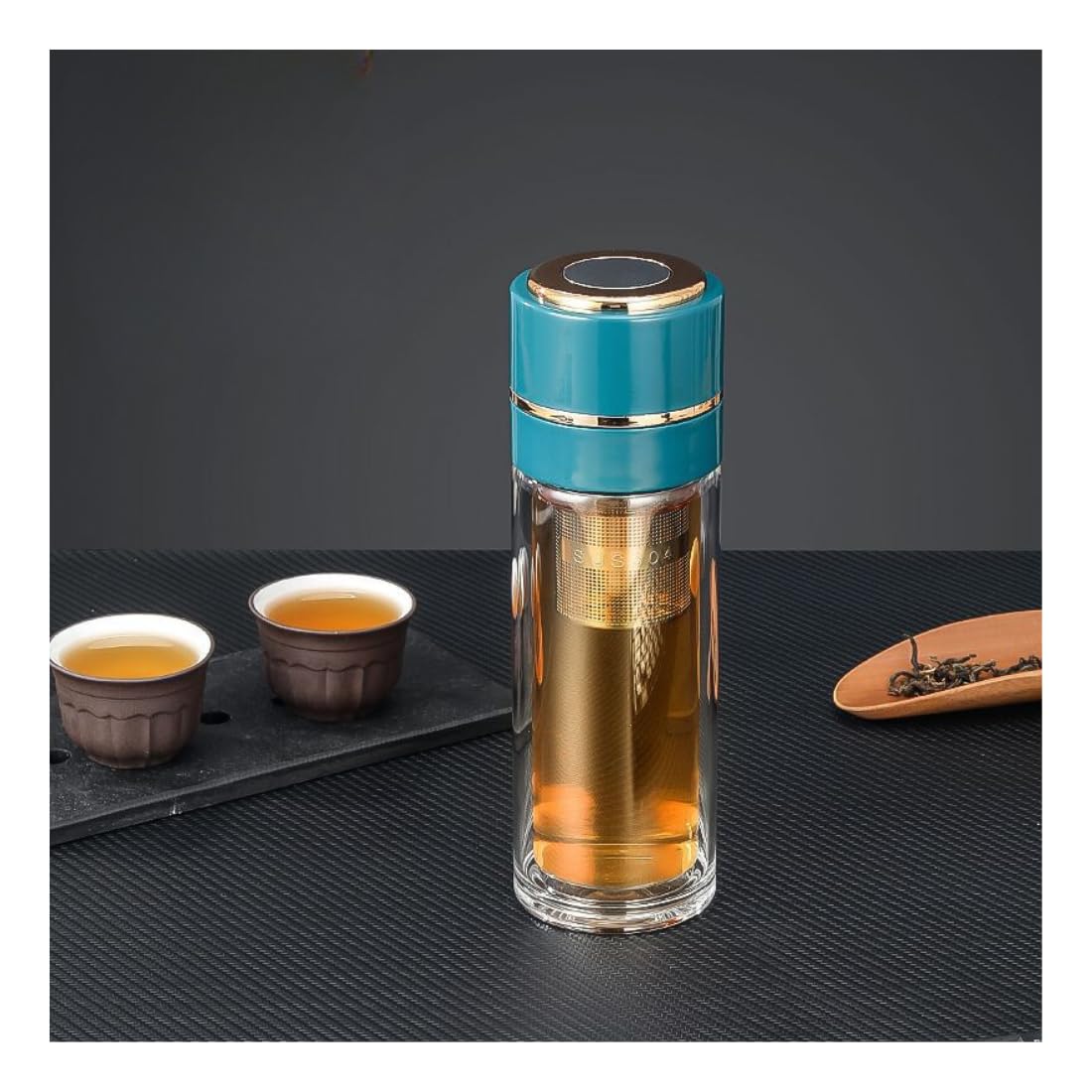 Vrupan Tea Bottle with Infuser BPA Free Double Wall Glass Travel Tea Mug with Stainless Steel Filter Leakproof Tea Bottle with Strainer for Loose Leaf Tea and Fruit Water (Jungle Green)